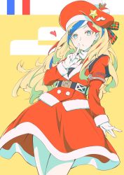 Rule 34 | 10s, 1girl, anchor hair ornament, belt, beret, blonde hair, blue eyes, blue hair, christmas, commandant teste (kancolle), french flag, hair ornament, hat, highres, jacket, kantai collection, long hair, matching hair/eyes, multicolored hair, pantyhose, pom pom (clothes), raguro, red hair, scarf, solo, streaked hair, white hair, winter clothes