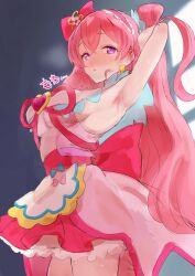 Rule 34 | 1girl, absurdres, armpits, blush, bow, breasts, cure precious, delicious party precure, dress, frilled hairband, frills, from below, hair bow, hair ribbon, hairband, highres, labotamochi, large breasts, long hair, looking at viewer, nagomi yui, pink dress, pink hair, pink theme, precure, ribbon, sideboob, sketch, skirt, steaming body