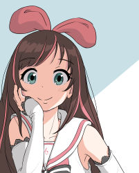 Rule 34 | 1girl, absurdres, blue background, blush, bow, bow hairband, brown hair, closed mouth, collarbone, commentary, detached sleeves, green eyes, hairband, head rest, highres, kizuna ai, kizuna ai inc., lace-trimmed sleeves, lace trim, long hair, looking at viewer, multicolored hair, nakamori kemuri, pink bow, pink hair, pink hairband, sailor collar, shirt, sleeveless, sleeveless shirt, smile, solo, streaked hair, two-tone background, upper body, virtual youtuber, white background, white sailor collar, white shirt, white sleeves