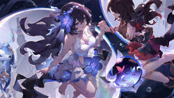 Rule 34 | 2girls, asc11, bare shoulders, barefoot, blue flower, bracelet, breasts, brown hair, bug, butterfly, chinese commentary, cleavage, commentary, commentary request, deer, dress, dual persona, flower, full body, gloves, hair between eyes, hair flower, hair ornament, highres, holding hands, honkai (series), honkai impact 3rd, insect, jewelry, long hair, looking at another, medium breasts, multiple girls, navel, open mouth, purple eyes, red gloves, red hair, seele (alter ego), seele vollerei, seele vollerei (herrscher of rebirth), seele vollerei (starchasm nyx), sleeveless, sleeveless dress, smile, white dress