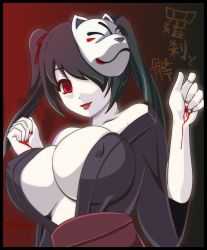 Rule 34 | 1girl, black eyes, blood, breasts, cleavage, fox mask, hatsune miku, japanese clothes, joy (artist), large breasts, long hair, mask, musunde hiraite rasetsu to mukuro (vocaloid), pale skin, smile, solo, tongue, twintails, vocaloid