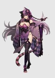 Rule 34 | 1girl, absurdres, animal ears, animal hands, black thighhighs, breasts, brown eyes, cat ears, cat girl, cat paws, cat tail, cheshire cat (monster girl encyclopedia), cleavage, detached sleeves, full body, highres, large breasts, looking at viewer, monster girl, monster girl encyclopedia, nail polish, purple nails, rnskkn, smile, solo, tail, thighhighs, tongue, tongue out