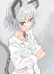 Rule 34 | 1girl, animal ears, blush, crossed arms, dress shirt, female focus, grey eyes, mouse ears, mouse tail, nazrin, red eyes, sape (saperon black), see-through, shirt, short hair, sketch, solo, tail, touhou, upper body, wet, wet clothes, wet hair, wet shirt, white shirt