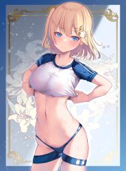 Rule 34 | 1girl, blonde hair, blue border, blue eyes, blush, border, breasts, closed mouth, clothes lift, contrapposto, cowboy shot, floral background, flower, gluteal fold, hair ornament, hairclip, heart, heart in eye, highres, hololive, hololive english, lifting own clothes, lily (flower), looking at viewer, medium breasts, navel, nipples, no bra, one side up, outside border, raglan sleeves, see-through, shirt, shirt lift, short hair, short sleeves, smile, solo, stomach, sweat, symbol in eye, t-back spats, virtual youtuber, watson amelia, white shirt, x hair ornament, yoshiheihe