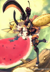 Rule 34 | 10s, 1girl, blonde hair, breasts, artistic error, food, fruit, insect wings, keypot, mini person, minigirl, official art, open mouth, red eyes, solo, watermelon, wings, wixoss, wrong foot