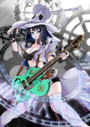 Rule 34 | 1girl, absurdres, blue eyes, blue hair, clogs, coat, guilty gear, guilty gear strive, guitar, hat, highres, hololive, hololive english, i-no, instrument, ouro kronii, shorts, solo, thighs, time paradox, trolllogicworks, virtual youtuber, white coat, white footwear, white headdress, white shorts, witch, witch hat