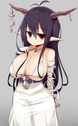 Rule 34 | 10s, 1girl, bandaged arm, bandages, bare shoulders, black hair, blush, bra, breasts, choker, cleavage, danua, draph, dress, expressionless, female focus, fingerless gloves, frown, gloves, gradient background, granblue fantasy, highres, horn ornament, horn piercing, horns, huge breasts, jitome, large breasts, long hair, looking at viewer, pointy ears, red eyes, sawati, solo, underwear, very long hair