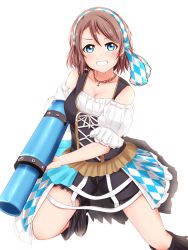Rule 34 | 1girl, black footwear, black shorts, blue eyes, blush, boots, breasts, brown hair, cleavage, collarbone, detached sleeves, grin, hair between eyes, highres, holding, jewelry, kamesys, leg up, looking at viewer, love live!, love live! school idol festival, love live! sunshine!!, medium breasts, necklace, overskirt, short hair, short shorts, short sleeves, shorts, simple background, smile, solo, watanabe you, white background, white sleeves