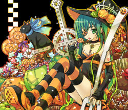 Rule 34 | 1girl, aqua eyes, aqua hair, candy, candy cane, cat, checkerboard cookie, cookie, cross, crossed legs, cupcake, detached sleeves, eyepatch, food, food-themed clothes, food-themed hair ornament, fork, hair ornament, halloween, hat, hatsune miku, jack-o&#039;-lantern, key, kutenriri, leg warmers, lollipop, long hair, nail polish, oversized object, patterned legwear, pumpkin, pumpkin hair ornament, ribbon, shaped lollipop, sitting, solo, strapless, striped clothes, striped thighhighs, swirl lollipop, thighhighs, twintails, vocaloid, witch hat, zettai ryouiki
