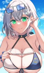 Rule 34 | 1girl, armband, bikini, blue sky, breasts, cleavage, closed mouth, cloud, collarbone, commentary, day, eyewear on head, green eyes, grey hair, hand in own hair, highres, hololive, large breasts, looking at viewer, outdoors, scrunchie, shirogane noel, shirogane noel (summer 2020), sky, smile, solo, sunglasses, swimsuit, uissu, underboob, upper body, virtual youtuber, wet, wrist scrunchie