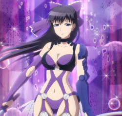 Rule 34 | 1girl, arm at side, bare shoulders, black choker, black hair, blue eyes, bow, breasts, chisato (mahou shoujo tokushusen asuka), choker, cleavage, closed mouth, clothing cutout, collarbone, detached sleeves, expressionless, female focus, floating hair, hair between eyes, hair bow, highres, holding, holding weapon, large breasts, long hair, looking at viewer, magical girl, mahou shoujo tokushusen asuka, single mechanical arm, midriff, navel, navel cutout, neck, purple background, purple bow, purple detached sleeves, revealing clothes, serious, single detached sleeve, solo, sparkle, standing, weapon