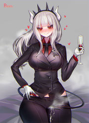 Rule 34 | black tail, blush, crown, demon girl, demon tail, formal, gloves, grey background, half-closed eyes, hand on own hip, headgear, heart, heart-shaped pupils, helltaker, highres, holding glass, horns, long hair, looking at viewer, lucifer (helltaker), mole, mole under eye, necktie, object on breast, panties, papupu, pussy juice, red panties, shiny clothes, sitting, skin tight, smile, solo, steam, suit, symbol-shaped pupils, tail, underwear, white hair