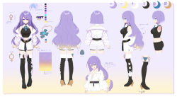 Rule 34 | 1girl, absurdres, belt, blouse, boots, character sheet, colored inner hair, commentary request, crop top, earrings, gradient eyes, gradient hair, high heel boots, high heels, highres, hololive, hololive indonesia, jewelry, moona hoshinova, moona hoshinova (1st costume), multicolored eyes, multicolored hair, necklace, nyori, off shoulder, official art, purple hair, shirt, shorts, single earring, sleeveless, sleeveless shirt, solo, thigh boots, thighhighs, virtual youtuber