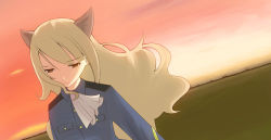 Rule 34 | 1girl, animal ears, blonde hair, cat ears, cat girl, ascot, dutch angle, female focus, hamtus, horizon, long hair, military, military uniform, perrine h. clostermann, sky, solo, strike witches, uniform, wind, world witches series, yellow eyes