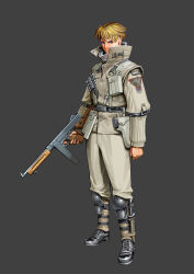 Rule 34 | 1boy, absurdres, blonde hair, blue eyes, boots, combat boots, combat knife, edward kyle, full body, grey background, gun, handgun, high collar, highres, holster, insignia, knee pads, knife, male focus, military, official art, operation darkness, pistol, short hair, simple background, solo, submachine gun, thompson submachine gun, weapon