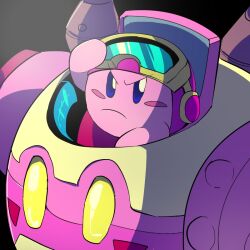 Rule 34 | adjusting eyewear, black background, blue eyes, blush stickers, closed mouth, commentary request, frown, goggles, goggles on head, hand on eyewear, helmet, kirby, kirby: planet robobot, kirby (series), looking at viewer, mecha, nintendo, no humans, pink headwear, red footwear, robobot armor, robot, shirushiki, shoes, v-shaped eyebrows, yellow-framed eyewear