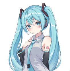 Rule 34 | 1girl, bare shoulders, black sleeves, blue eyes, blue hair, blue necktie, blush, breasts, closed mouth, collared shirt, commentary request, detached sleeves, grey shirt, hair between eyes, hand up, hatsune miku, long hair, long sleeves, looking at viewer, necktie, noneon319, shirt, simple background, sleeveless, sleeveless shirt, small breasts, solo, tie clip, twintails, very long hair, vocaloid, white background, wide sleeves