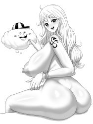 Rule 34 | 1girl, 1other, absurdres, ass, bracelet, breasts, cleavage, completely nude, highres, huge ass, huge breasts, jewelry, kding, long hair, looking at another, looking at viewer, looking back, nami (one piece), nude, one piece, open mouth, shiny skin, shoulder tattoo, sitting, smile, tattoo, very long hair, wide hips, zeus (one piece)