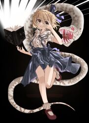 Rule 34 | 1girl, 1other, absurdres, alice margatroid, alice margatroid (pc-98), animal, black background, blonde hair, blue ribbon, blue skirt, book, hand on own face, highres, holding, holding book, ougiikun, ribbon, short hair, skirt, smile, snake, standing, standing on one leg, touhou, touhou (pc-98), yellow eyes