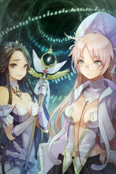 Rule 34 | 2girls, ahoge, bare shoulders, black eyes, black hair, blonde hair, book, bow, breasts, cleavage, cocorip, collarbone, detached collar, detached sleeves, elbow gloves, expressionless, fingerless gloves, glasses, gloves, green eyes, hand on own hip, holding, jacket, layna scentriver, long hair, lowres, multiple girls, open mouth, parted bangs, ribbon, staff, sword girls, very long hair