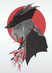 Rule 34 | 1girl, blood, bloodborne, blood on clothes, ascot, hat, hat feather, head, koyorin, lady maria of the astral clocktower, monochrome, ponytail, simple background, solo, spot color, the old hunters, tricorne, white background
