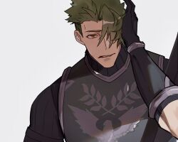 Rule 34 | 1boy, achilles (fate), armor, black shirt, fate/apocrypha, fate (series), gauntlets, green hair, grey background, grimace, hair over one eye, hand on own face, haruakira, highres, looking ahead, male focus, mature male, red eyes, ribbed shirt, shirt, short hair, short sleeves, simple background, undercut
