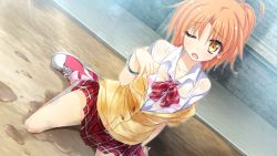 Rule 34 | 1girl, aono sena, blush, breasts, game cg, girls be ambitious!, legs, looking at viewer, open mouth, orange hair, school uniform, see-through, shoes, sitting, skirt, small breasts, sneakers, solo, tears, thighs, water, wet, wince, yellow eyes