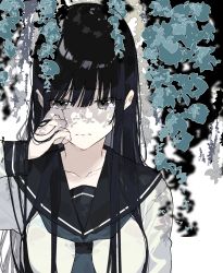 Rule 34 | 1girl, absurdres, arm at side, black hair, blunt bangs, blurry, breasts, brown eyes, closed mouth, dappled sunlight, flower, frown, hand in own hair, highres, kayahara, long sleeves, looking at viewer, medium breasts, neckerchief, original, school uniform, serafuku, shade, sketch, solo, sunlight, tears, upper body, white background, wiping tears, wisteria