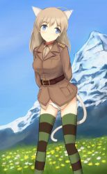 Rule 34 | 1girl, animal ears, belt, blue eyes, brown hair, buckle, flower, hair down, long hair, long sleeves, lynette bishop, military, military uniform, mountain, panties, rasielcochma, solo, strike witches, striped clothes, striped thighhighs, tail, thighhighs, underwear, uniform, world witches series