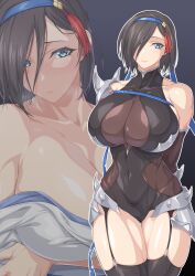 Rule 34 | 1girl, action taimanin, arm under breasts, armor, arms behind back, bare shoulders, black background, black gloves, black hair, black leotard, black thighhighs, blue eyes, blue ribbon, blush, breasts, chest belt, cleavage, closed mouth, commentary request, covered collarbone, covered navel, elbow gloves, faulds, fishnet armwear, fishnet leotard, garter straps, gloves, hair between eyes, hair over one eye, hair ribbon, highres, impossible clothes, impossible leotard, japanese clothes, kimono, large breasts, leotard, looking at viewer, momochi nagi, multiple views, off shoulder, ozaneko, partial commentary, ribbon, see-through, see-through cleavage, short hair, sidelocks, simple background, single shoulder pad, skindentation, smile, standing, taimanin (series), taimanin suit, thighhighs, white kimono, zoom layer