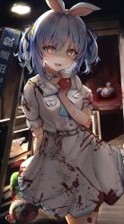 Rule 34 | 1girl, :d, absurdres, belt, belt buckle, blood, blood on clothes, blood on hands, blue hair, blue ribbon, blush, buckle, carrot hair ornament, choker, circular saw, commentary request, cowboy shot, dress, food-themed hair ornament, hair ornament, hair ribbon, hand up, highres, hololive, indoors, looking at viewer, mugiusagi, multicolored hair, official alternate costume, open mouth, pekomon (usada pekora), red eyes, revision, ribbon, sailor collar, saw, short eyebrows, short sleeves, smile, solo, standing, streaked hair, thick eyebrows, two side up, usada pekora, usada pekora (casual), virtual youtuber, white belt, white choker, white dress, white hair, white sailor collar, yandere