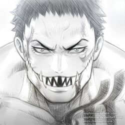 Rule 34 | 1boy, arm tattoo, blood, blood on face, charlotte katakuri, chest tattoo, greyscale, male focus, monochrome, muscular, muscular male, one piece, pink hair, sephirona, short hair, smile, solo, stitches, tattoo, tusks