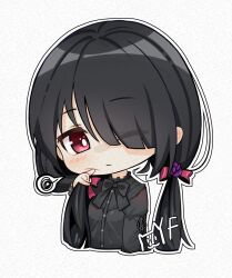 Rule 34 | 1girl, black hair, black ribbon, chibi, date a live, goth fashion, hair between eyes, hair over one eye, highres, looking at viewer, low twintails, one eye closed, red eyes, ribbon, solo, speech bubble, spoken squiggle, squiggle, tokisaki kurumi, twintails, yangfan