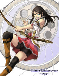 Rule 34 | aya (infinite undiscovery), bike shorts, boots, bow (weapon), brown hair, cameltoe, dreamer128, green eyes, hair ornament, infinite undiscovery, long hair, open mouth, sleeveless, smile, thighhighs, weapon, zettai ryouiki