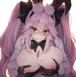 Rule 34 | 1girl, animal ear fluff, animal ears, backlighting, black bow, black gloves, blush, bow, breast hold, breasts, breasts out, collared shirt, dress shirt, fate/grand order, fate (series), glasses, gloves, hair between eyes, hair bow, highres, koyanskaya (assassin) (second ascension) (fate), koyanskaya (fate), large breasts, long hair, long sleeves, looking at viewer, male pubic hair, nipples, open clothes, open shirt, pink hair, pubic hair, rabbit ears, shirt, sidelocks, smile, tamamo (fate), tongue, tongue out, twintails, white shirt, yellow eyes, youshuu