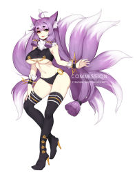 Rule 34 | 1girl, :d, animal ears, bare shoulders, black footwear, black panties, boots, breasts, commentary, commission, english commentary, fox ears, fox tail, full body, fur collar, green eyes, heterochromia, high heel boots, high heels, highres, kitsune, large breasts, long hair, looking at viewer, multiple tails, open mouth, original, panties, purple hair, red eyes, simple background, smile, solo, tail, terupancake, thigh boots, thighhighs, underboob, underwear, very long hair, white background, wristband