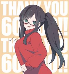 Rule 34 | 1girl, black hair, blush, commentary, english commentary, english text, glasses, green hair, hair behind ear, hand on own stomach, highres, kukie-nyan, long hair, milestone celebration, multicolored hair, original, ponytail, red sweater, smile, solo, streaked hair, sweater, turtleneck, turtleneck sweater, v-shaped eyebrows