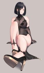 Rule 34 | 1girl, arm support, bare shoulders, black dress, black footwear, black hair, blue gemstone, blush, bob cut, breasts, brown background, dress, earrings, gem, grey background, hayabusa (vert 320), high heels, highres, jewelry, large breasts, looking at viewer, mole, mole on breast, mole on stomach, mole under mouth, open mouth, original, purple eyes, sidelocks, sitting, sleeveless, sleeveless dress, solo, thighs