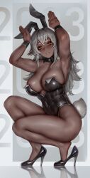 Rule 34 | 1girl, 2023, absurdres, animal ears, armpits, arms up, bare arms, bare legs, bare shoulders, biceps, black footwear, black leotard, breasts, chinese zodiac, cleavage, commentary, covered navel, dark-skinned female, dark elf, dark skin, detached collar, elf, english commentary, fake animal ears, fake tail, from side, full body, high heels, highleg, highleg leotard, highres, large breasts, legs, leotard, long hair, long pointy ears, looking at viewer, numanoan, original, parted lips, playboy bunny, pointy ears, rabbit ears, rabbit pose, rabbit tail, reflective floor, shiny skin, sidelocks, solo, squatting, strapless, strapless leotard, tail, thick eyebrows, very dark skin, white hair, wrist cuffs, year of the rabbit, yellow eyes