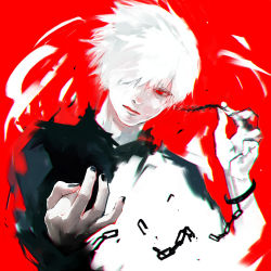 Rule 34 | 1boy, black nails, black shirt, bug, centipede, chain, closed mouth, commentary request, hair over one eye, hand up, kaneki ken, koujima shikasa, long sleeves, looking at viewer, male focus, nail polish, pale skin, pulling, red background, red eyes, shirt, simple background, solo, tokyo ghoul, upper body, white hair