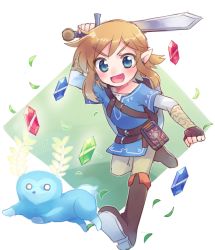 Rule 34 | 1boy, :d, blonde hair, blue eyes, blue shirt, blush, boots, brown footwear, brown gloves, brown pants, creature, falling leaves, fingerless gloves, full body, gloves, highres, holding, holding sword, holding weapon, leaf, link, looking at another, male focus, medium hair, nintendo, open mouth, pants, pointy ears, running, rupee (zelda), shield, shield on back, shirt, smile, sword, the legend of zelda, the legend of zelda: breath of the wild, v-shaped eyebrows, weapon, white background, xox xxxxxx