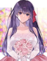 Rule 34 | 1girl, bad id, bad twitter id, bare shoulders, blue eyes, blurry, blurry background, blush, bouquet, breasts, collarbone, commentary request, dress, elbow gloves, fate/stay night, fate (series), flower, gloves, hair ribbon, highres, large breasts, long hair, looking at viewer, matou sakura, parted lips, pink flower, purple hair, red ribbon, ribbon, shimatori (sanyyyy), smile, solo, teeth, wedding dress, white gloves