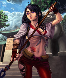 Rule 34 | 1girl, black hair, bracelet, breasts, cleavage, commentary, crop top, ear piercing, eyebrows, fighting stance, front-tie top, highres, hip vent, jewelry, large breasts, lips, long hair, nail polish, navel, no bra, pants, piercing, polearm, purple eyes, ribs, ryu shou, solo, spear, tattoo, the chronicle of black phoenix, underboob, weapon