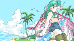 Rule 34 | 1girl, absurdres, aqua hair, artist request, bandai, bandai namco, bikini, bikini top only, blue eyes, bulma, camouflage, camouflage bikini, denim, dragon ball, dragon ball (classic), dragon ball xenoverse, hair ribbon, highres, jeans, kame house, long hair, looking at viewer, looking back, looking to the side, ocean, official art, one eye closed, pants, ponytail, retro artstyle, ribbon, shirt, short shorts, shorts, side ponytail, signature, sky, smile, solo, swimsuit, thighs, torn clothes, torn jeans, torn pants, upper body, water, wink