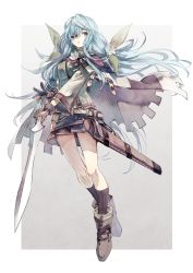 Rule 34 | 1girl, banpai akira, belt, black legwear, blue eyes, blue hair, boots, bow, cape, eyepatch, flower, full body, gloves, hair bow, hair flower, hair ornament, holding, holding sword, holding weapon, long hair, long sleeves, looking to the side, open mouth, original, sheath, skirt, solo, sword, unsheathed, weapon