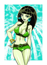 Rule 34 | 1girl, alternate hairstyle, bangle, bare arms, bare shoulders, blunt bangs, border, bracelet, breasts, colored skin, earrings, facing viewer, female focus, green hair, green shorts, green skin, jewelry, kim possible (series), looking at viewer, lychee soda, medium breasts, navel, outside border, pale skin, shego, short shorts, shorts, solo, thigh gap, white border