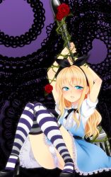 Rule 34 | 1boy, absurdres, alice (alice in wonderland), alice (alice in wonderland) (cosplay), alice in wonderland, androgynous, blonde hair, blue eyes, blush, bulge, cosplay, crossdressing, dress, flower, fork, hairband, high heels, highres, long hair, male focus, nekomaru rentarou, open mouth, original, oversized object, panties, rose, shoes, sitting, solo, striped clothes, striped thighhighs, thighhighs, trap, underwear, white panties