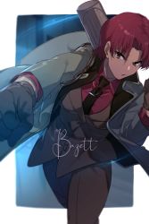 Rule 34 | 1girl, bazett fraga mcremitz, black coat, black gloves, black necktie, black pants, black suit, blush, breasts, character name, coat, collared shirt, dress shirt, echo (circa), fate/grand order, fate (series), formal, gloves, grey coat, large breasts, long sleeves, looking at viewer, manannan mac lir (fate), manannan mac lir (first ascension) (fate), necktie, open clothes, open coat, open mouth, pants, parted bangs, punching, red eyes, red hair, red shirt, shirt, short hair, solo, suit, thighs