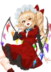 Rule 34 | 1girl, alternate costume, black footwear, blonde hair, blush, boots, crystal, dress, fangs, flandre scarlet, gotou (nekocat), hair between eyes, hat, highres, layered sleeves, long hair, long sleeves, mob cap, open mouth, pointy ears, red dress, red eyes, short over long sleeves, short sleeves, side ponytail, simple background, solo, touhou, white background, white hat, wings