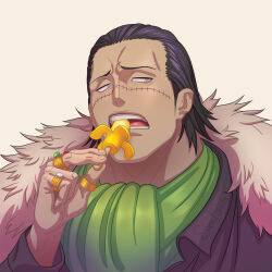 Rule 34 | 1boy, ascot, banana, black hair, black shirt, crocodile (one piece), eating, food, fruit, fur trim, green ascot, grey eyes, hair slicked back, holding, holding food, holding ice cream, ice cream, jewelry, looking at viewer, male focus, medium hair, msvekla, multiple rings, one piece, open mouth, portrait, ring, scar, scar on face, shirt, teeth, tongue